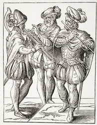 1873年に出版された「Les Arts au Moyen Age」のフルートのバリエーションを演奏するドイツのミュージシャン